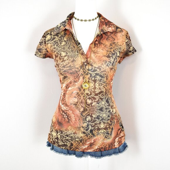 VTG 00s Y2K INC Orange & Brown Floral Paisley Collage Mesh Short Sleeve Polo Top - Picture 1 of 5